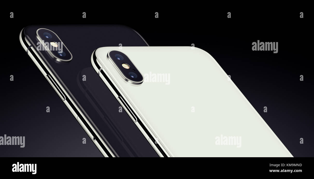 Smartphone simile a iPhone X lato posteriore closeup isometrica. Nuovo e moderno in bianco e nero ruotato vista isometrica smartphone sul lato posteriore. Foto Stock