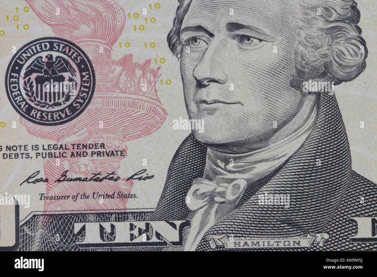 Ritratto del presidente americano hamilton Dollar Bills close-up Foto Stock