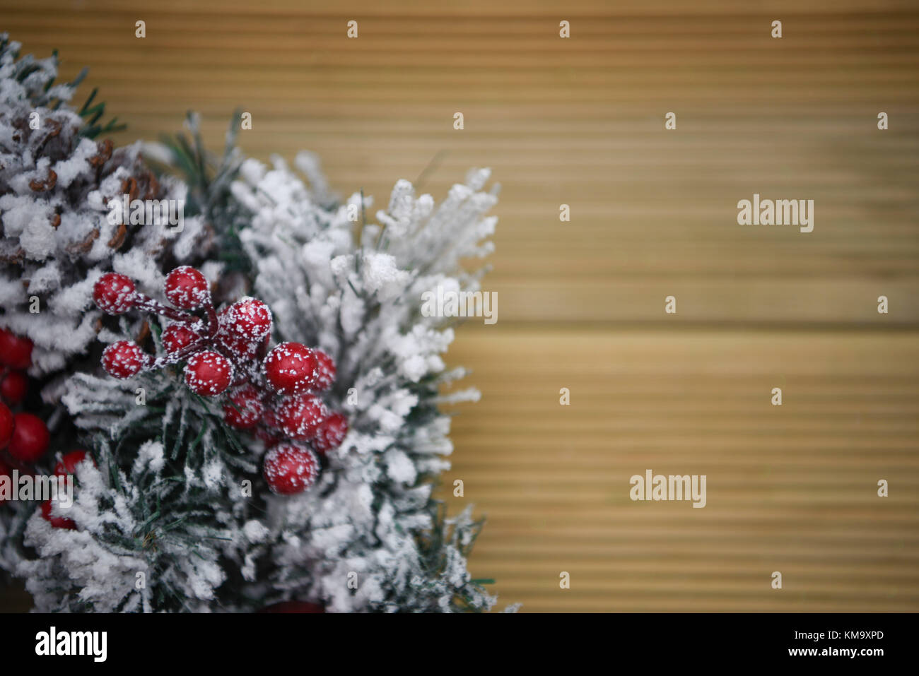 Natale immagine fotografia di un verde pino corona ricoperta di neve con bacche rosse e rustico in legno naturale sullo sfondo Foto Stock