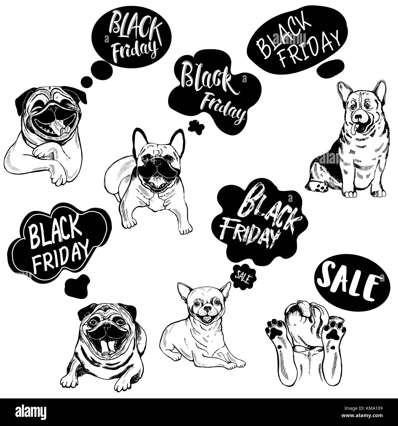 Set di disegnato a mano stile sketch venerdì nero cani. illustrazione vettoriale isolati su sfondo bianco. Illustrazione Vettoriale