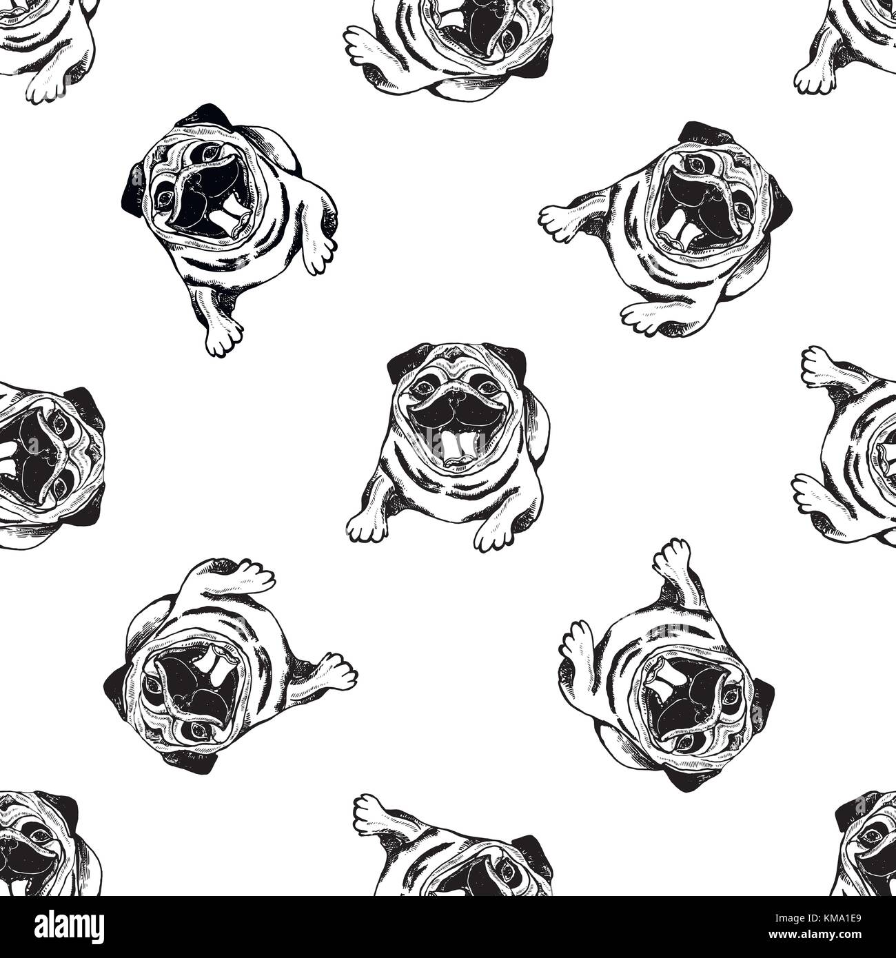 Modello senza giunture di mano il bozzetto style pugs. illustrazione vettoriale isolati su sfondo bianco. Illustrazione Vettoriale