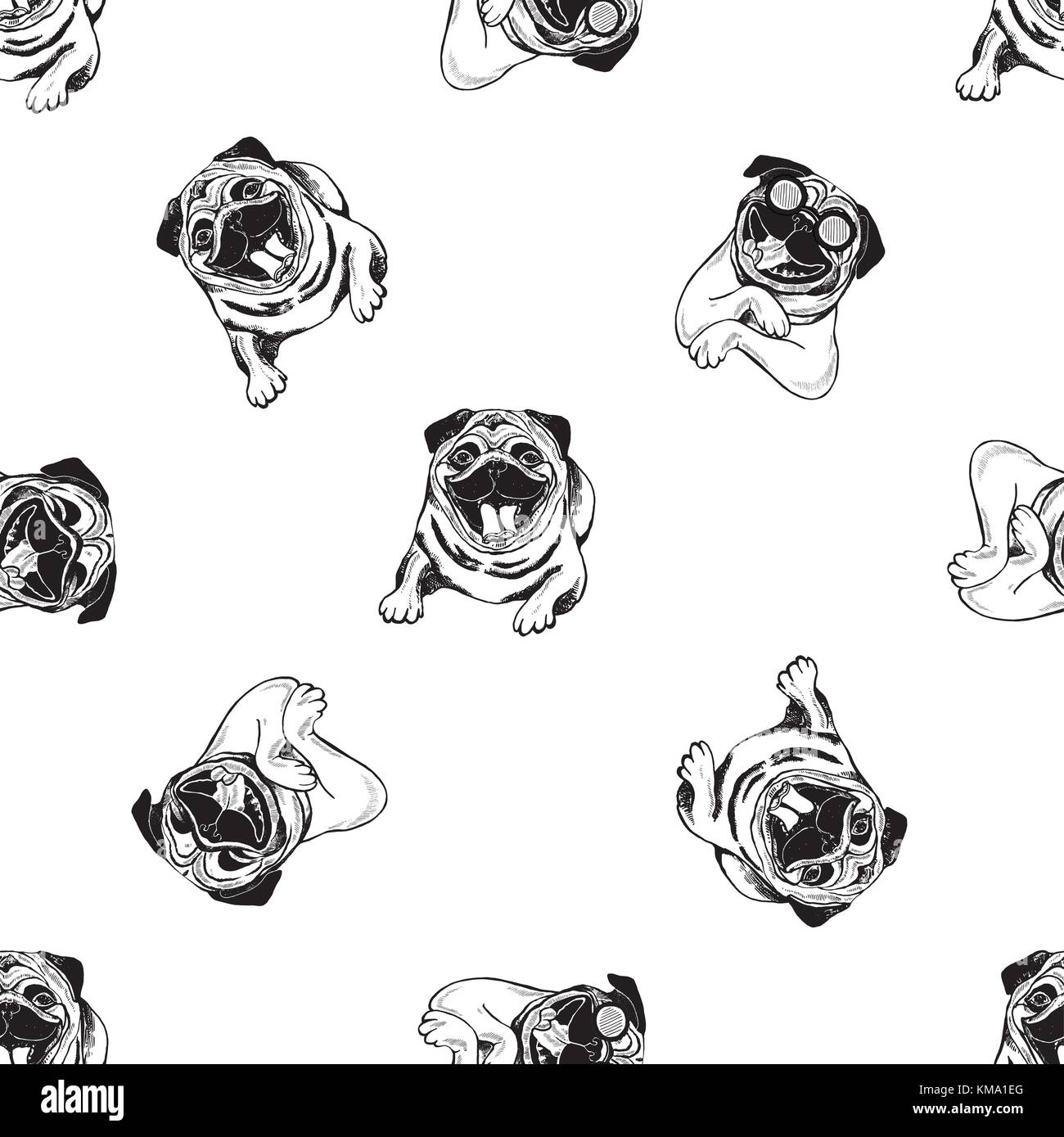 Modello senza giunture di mano il bozzetto style pugs. illustrazione vettoriale isolati su sfondo bianco. Illustrazione Vettoriale