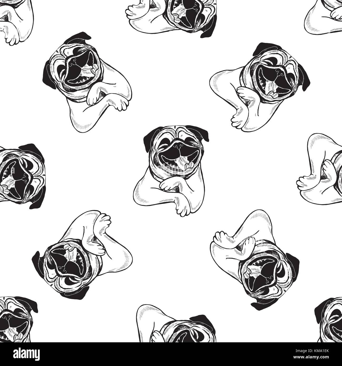 Modello senza giunture di mano il bozzetto style pugs. illustrazione vettoriale isolati su sfondo bianco. Illustrazione Vettoriale