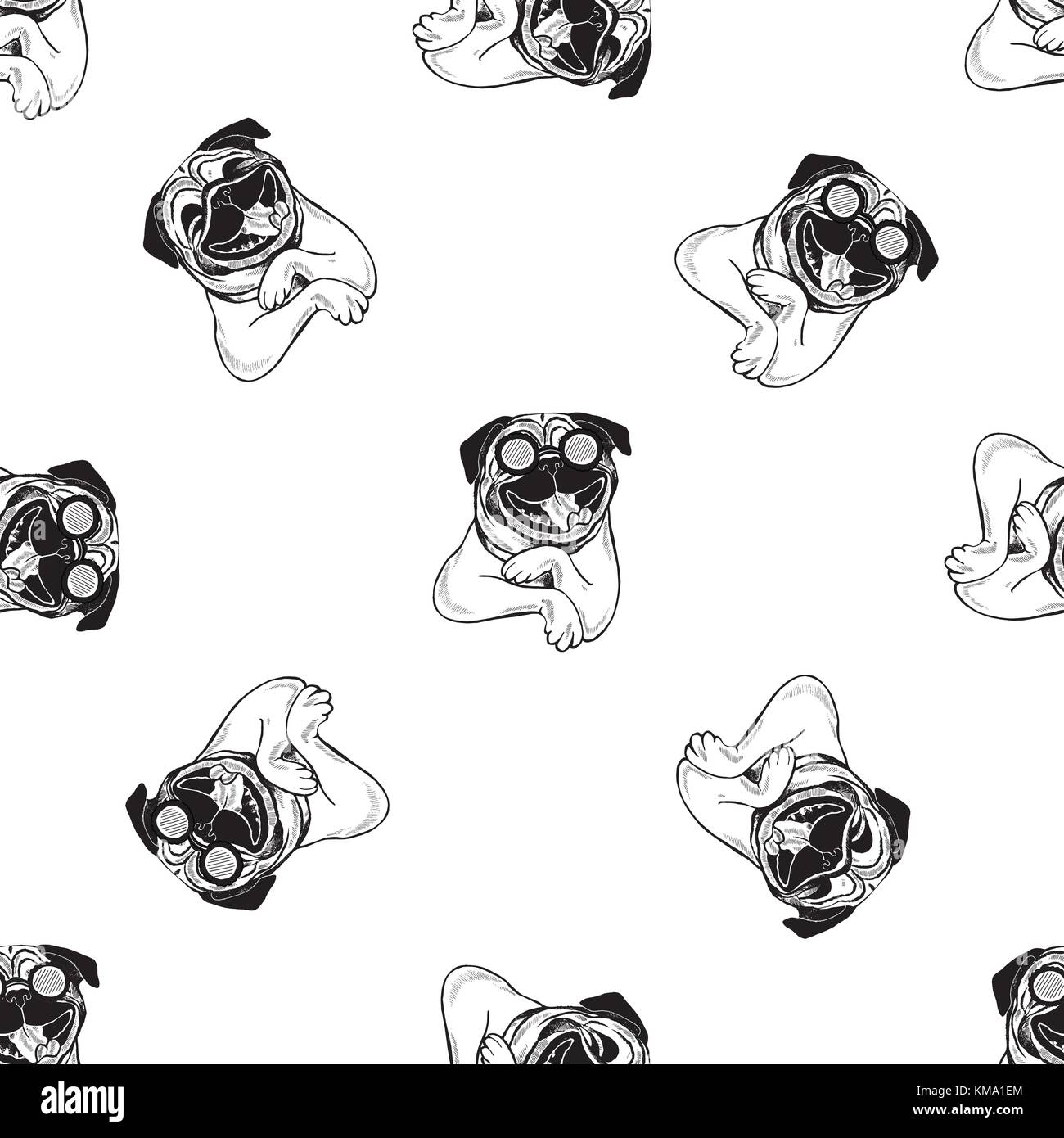 Modello senza giunture di mano il bozzetto style pugs. illustrazione vettoriale isolati su sfondo bianco. Illustrazione Vettoriale