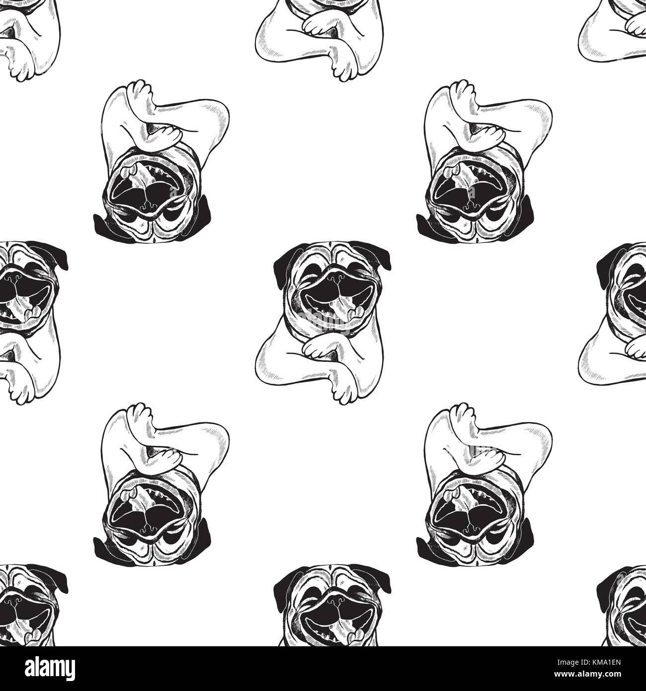 Modello senza giunture di mano il bozzetto style pugs. illustrazione vettoriale isolati su sfondo bianco. Illustrazione Vettoriale