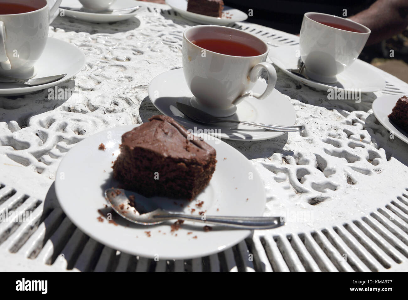 Valle Kelani piantagioni Nuwara Eliya Hill Country provincia centrale dello Sri Lanka Labookellie fabbrica di tè tè e torta al cioccolato Foto Stock