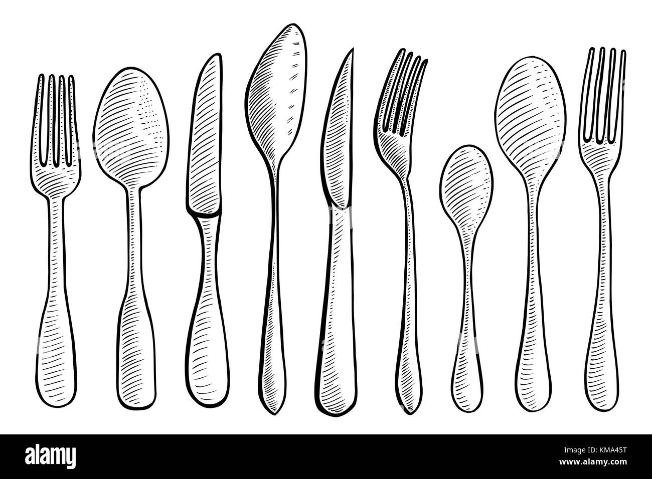 Illustrazione Vettoriale rotocalco posate forchetta, cucchiaio e coltello. nero su sfondo bianco Illustrazione Vettoriale