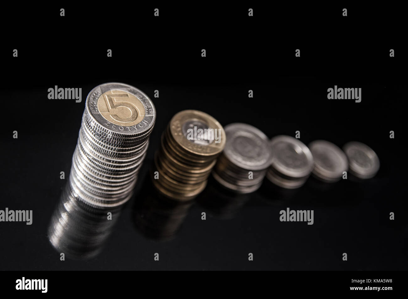 Le colonne del polacco monete in una riga Foto Stock