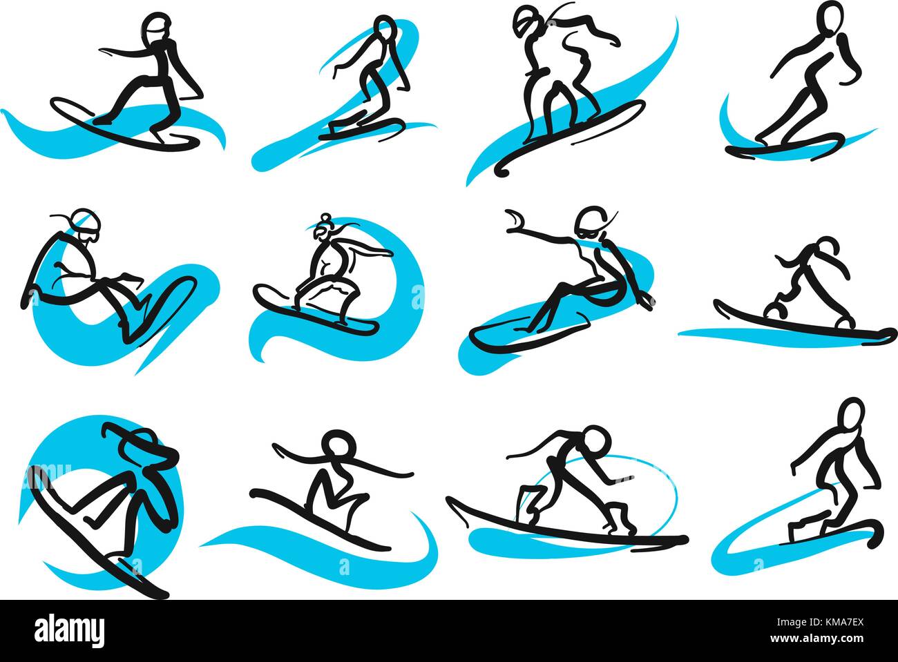 Set di abbozzato freestyle snowboard persone, disegnati a mano illustrazione vettoriale da due diverse penne. La popolazione nera in primo piano, blu spostamento delle linee in Illustrazione Vettoriale