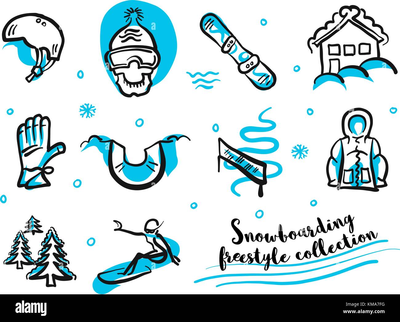 Snowboard freestyle set di icone di raccolta. Handdrawn separati blu e linee nero su bianco. Veloce e schizzi ruvida. Illustrazione Vettoriale