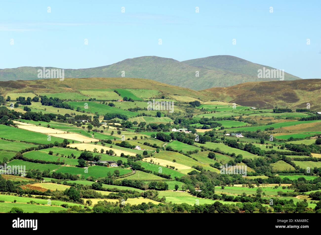 Montagne sperrin, County Tyrone, Irlanda del Nord. nord-est su terreni agricoli valle del fiume owenkillew a sawel mountain. Foto Stock