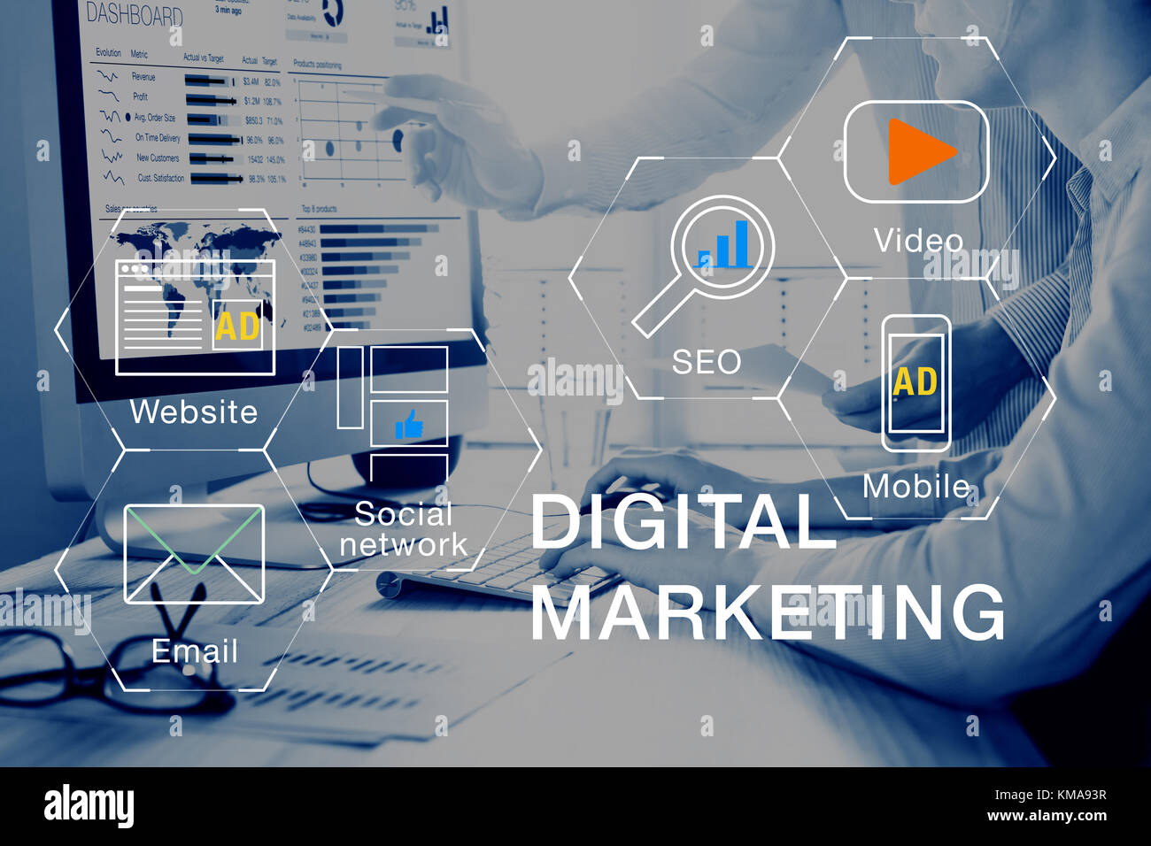 Concetto di media di marketing digitale (annuncio sul sito Web, e-mail, social network, SEO, video, app mobile) con Icon e team che analizzano il ritorno sugli investimenti (ROI Foto Stock