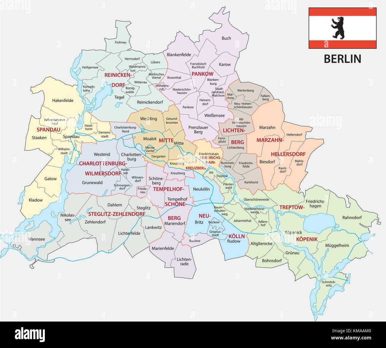 Berlino politica e amministrativa di mappa vettoriale con bandiera Illustrazione Vettoriale