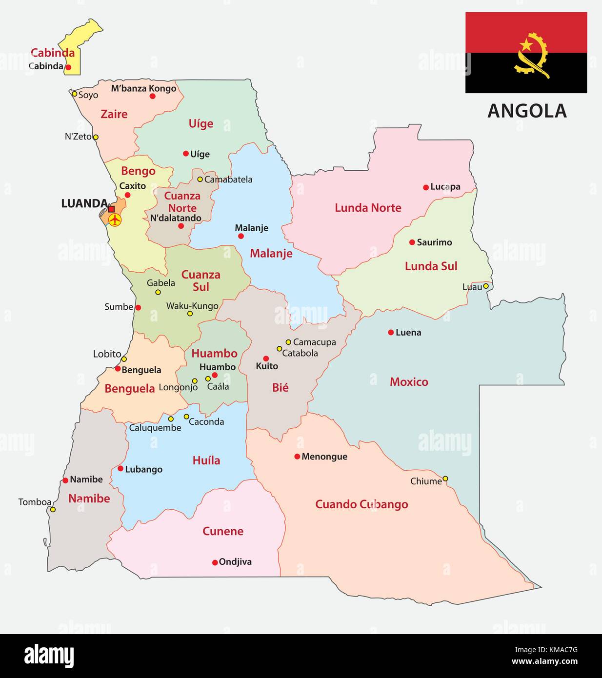 Angola politica e amministrativa di mappa vettoriale Illustrazione Vettoriale