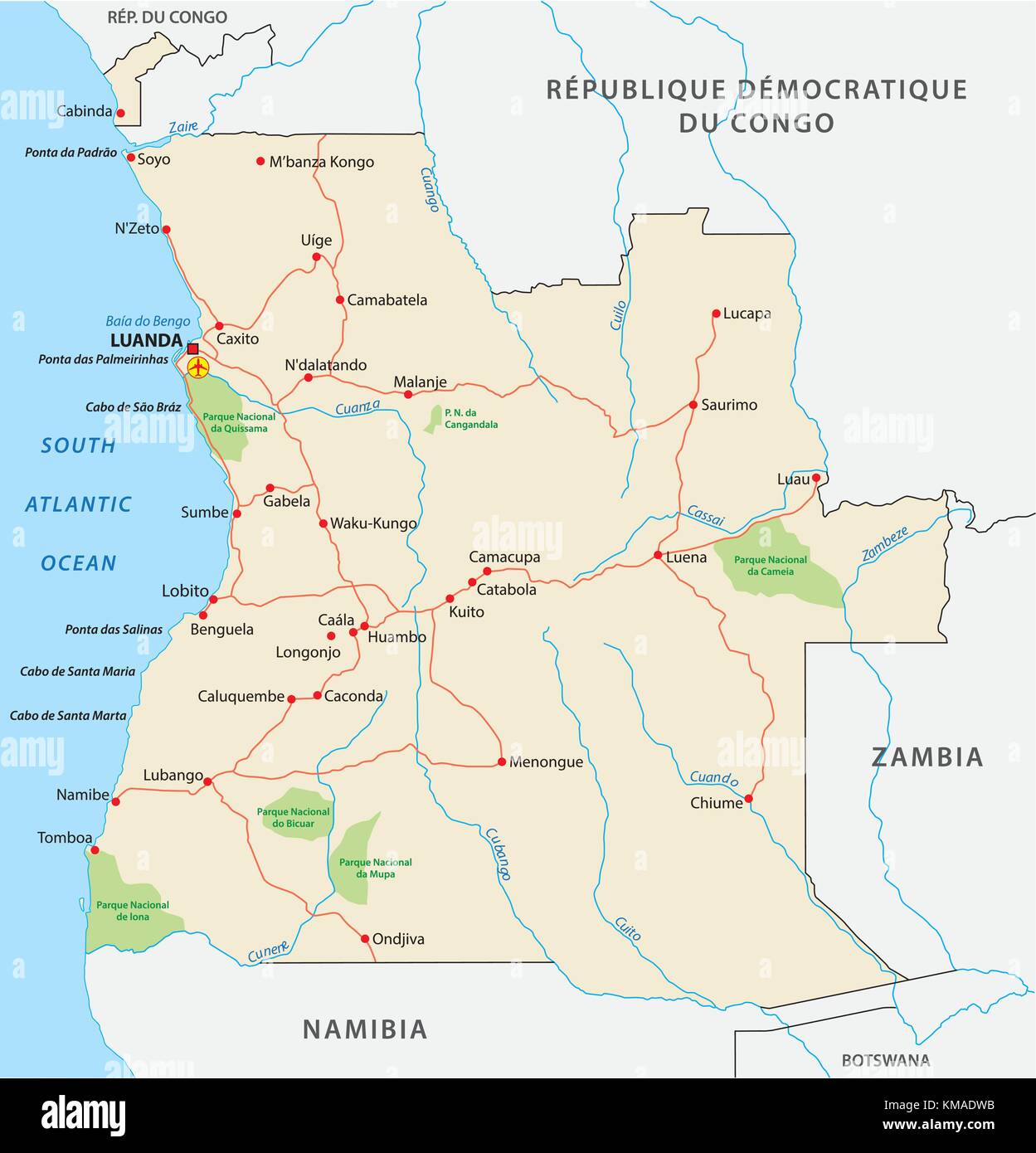 Angola road e il parco nazionale di mappa vettoriale Illustrazione Vettoriale