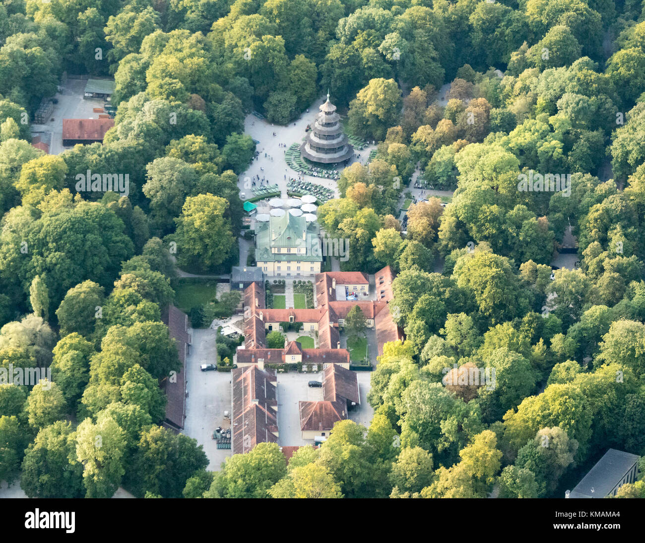 Vista aerea della pagoda cinese, il Giardino Inglese Monaco di Baviera, Germania Foto Stock