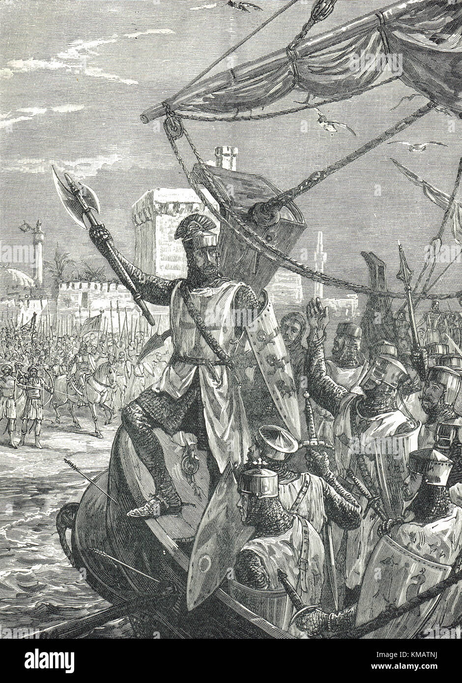 Re Richard i (il cuore di Lionheart) che atterra a Jaffa, 1192, 3a Crociata Foto Stock