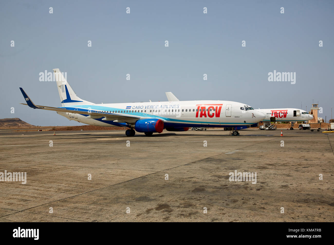 TACV Cabo Verde Airlines, Cape Verdan Airlines Boeing 737, Santiago, Capo Verde (Cabo Verde) Foto Stock