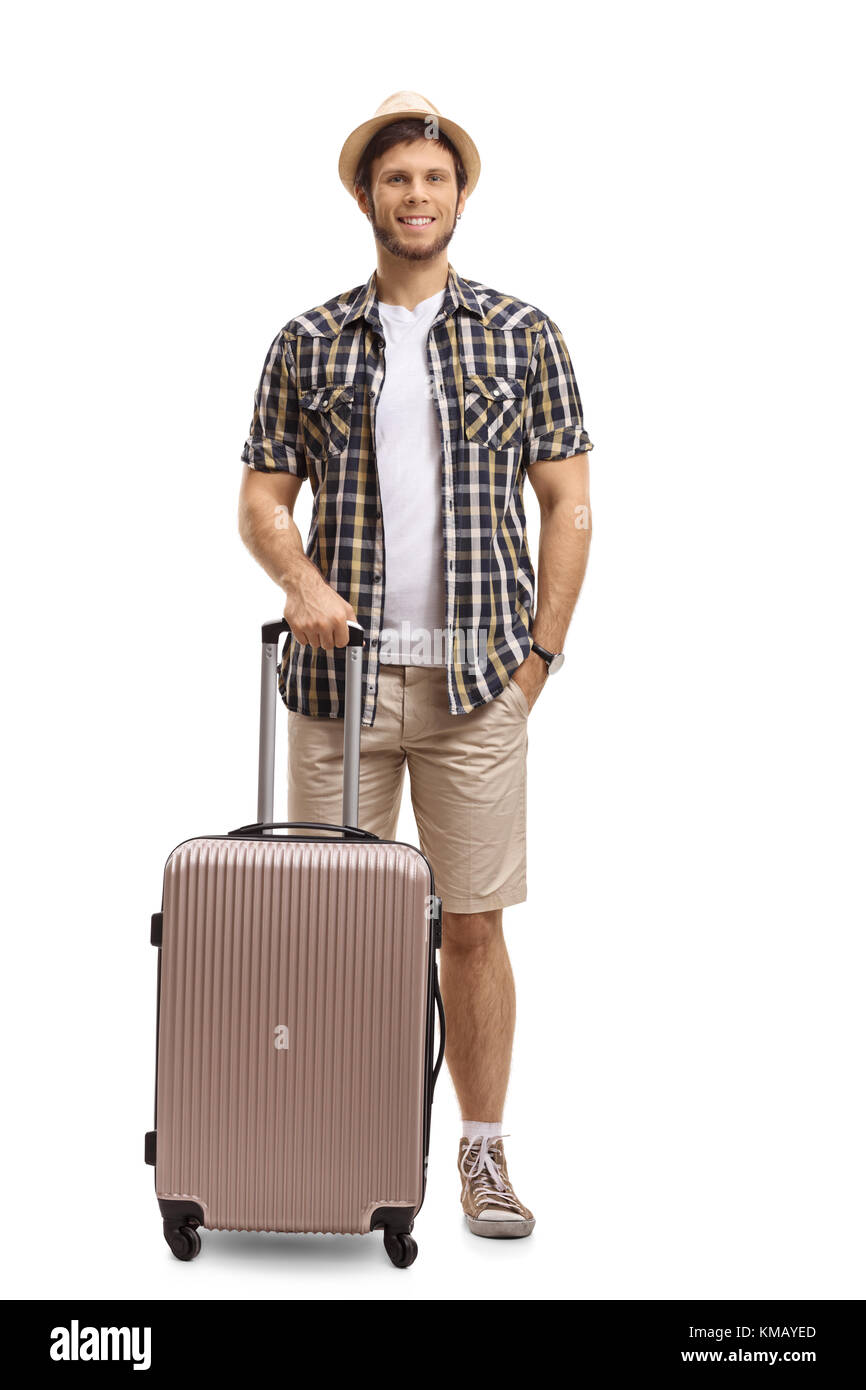 A piena lunghezza Ritratto di un turista con una valigia isolati su sfondo bianco Foto Stock