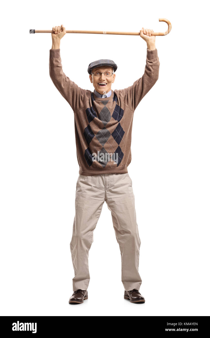 A piena lunghezza Ritratto di un contentissimo senior con una canna isolati su sfondo bianco Foto Stock