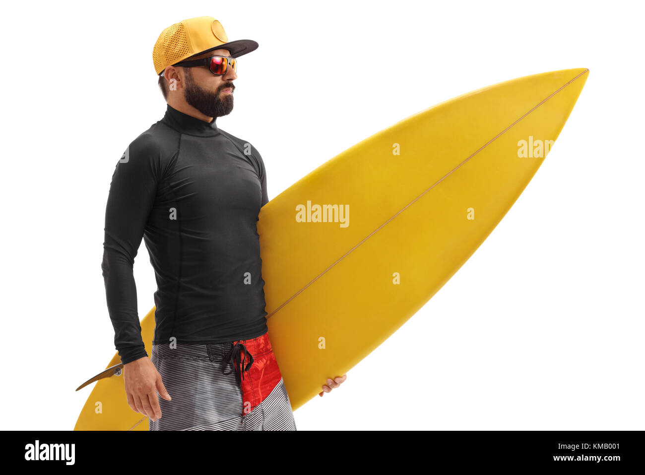 Surfer con una tavola da surf isolati su sfondo bianco Foto Stock