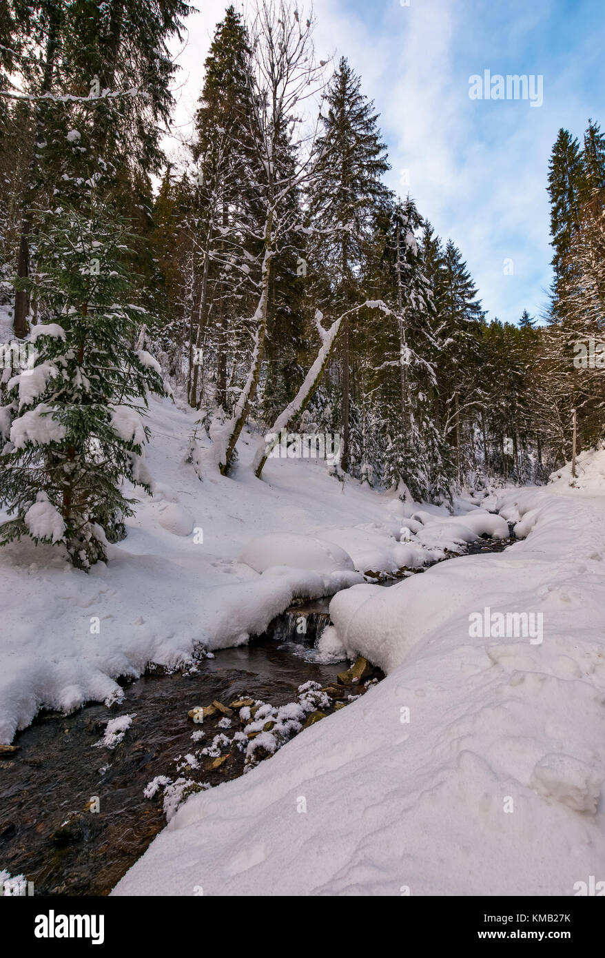 Brook con cascate in inverno bosco invernale incantevole paesaggio naturale Foto Stock