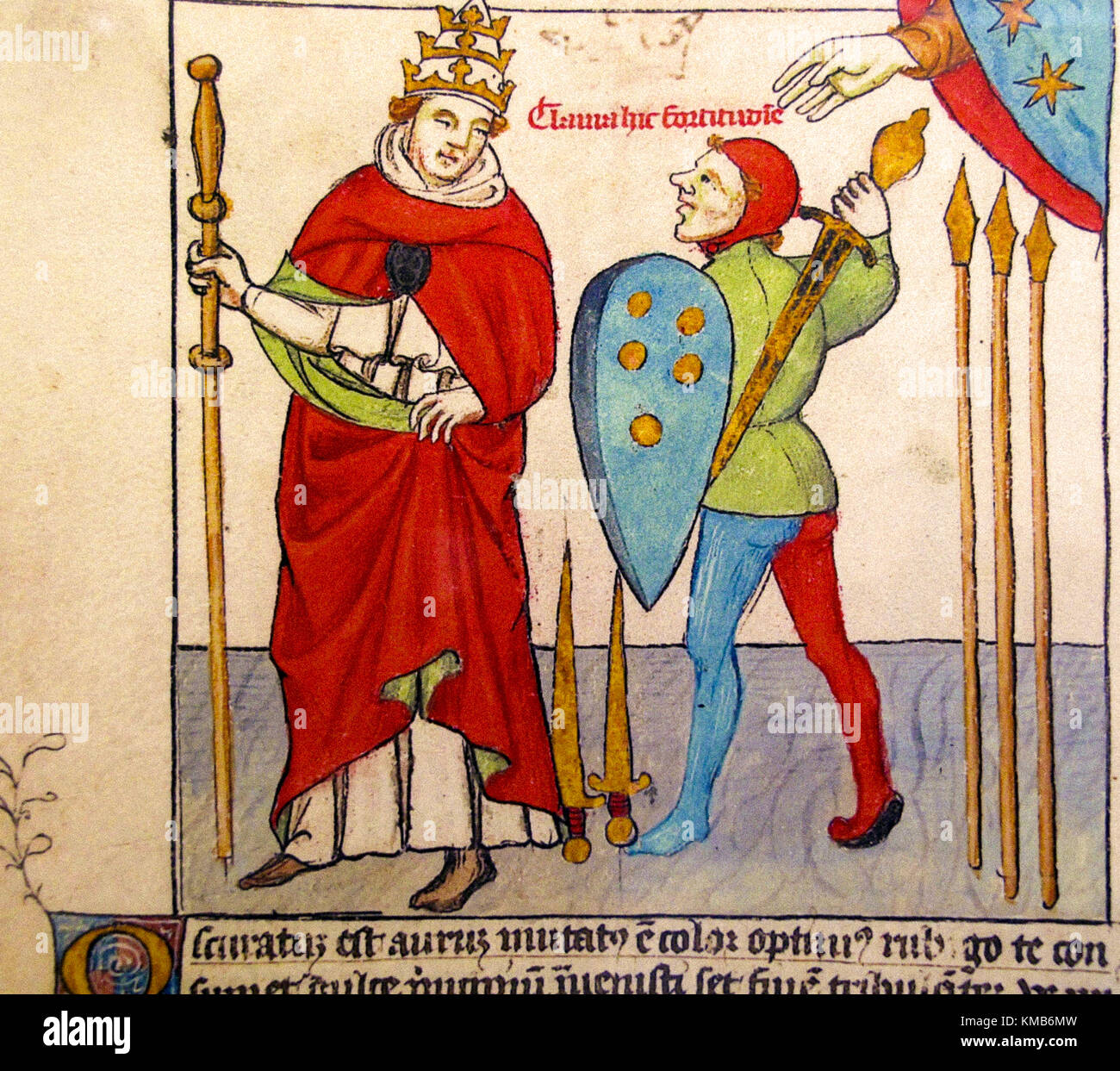 Italia Emilia Romagna Bologna Archiginnasio Biblioteca Papa Gregorio XI riportò la sede del papato da Avignone a Roma. La mano di benedizione di Dio trattiene il soldato che lo minaccia. Le braccia ascendenti simboleggiano le calamità in arrivo Foto Stock