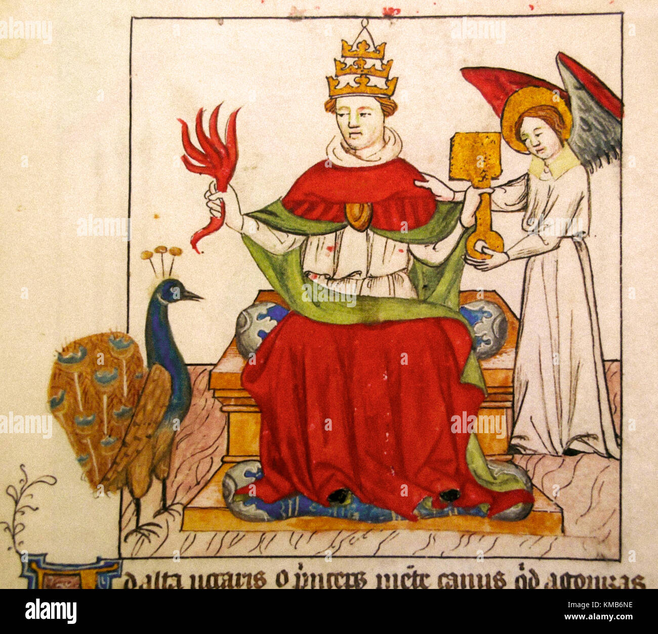 Italia Emilia Romagna Bologna: Archiginnasio Library.Urban V. virtuoso stabilì la Curia a Roma. L'angelo dà la chiave di San Pietro al Papa che spezza il pavone, simbolo del peccato di orgoglio. Foto Stock