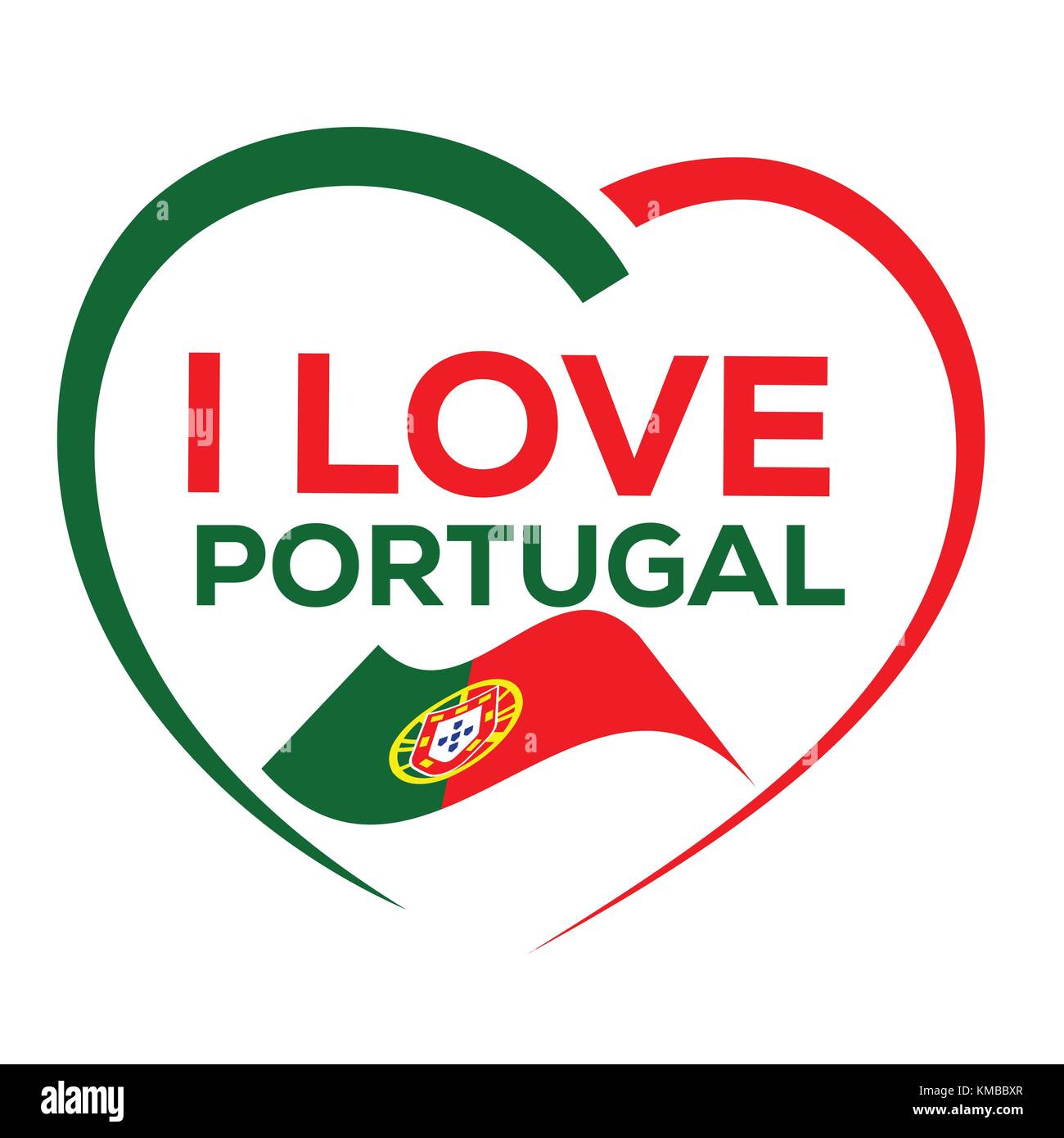 Io amo il Portogallo con contorno di cuore e la bandiera del Portogallo, icona design, isolati su sfondo bianco. Illustrazione Vettoriale