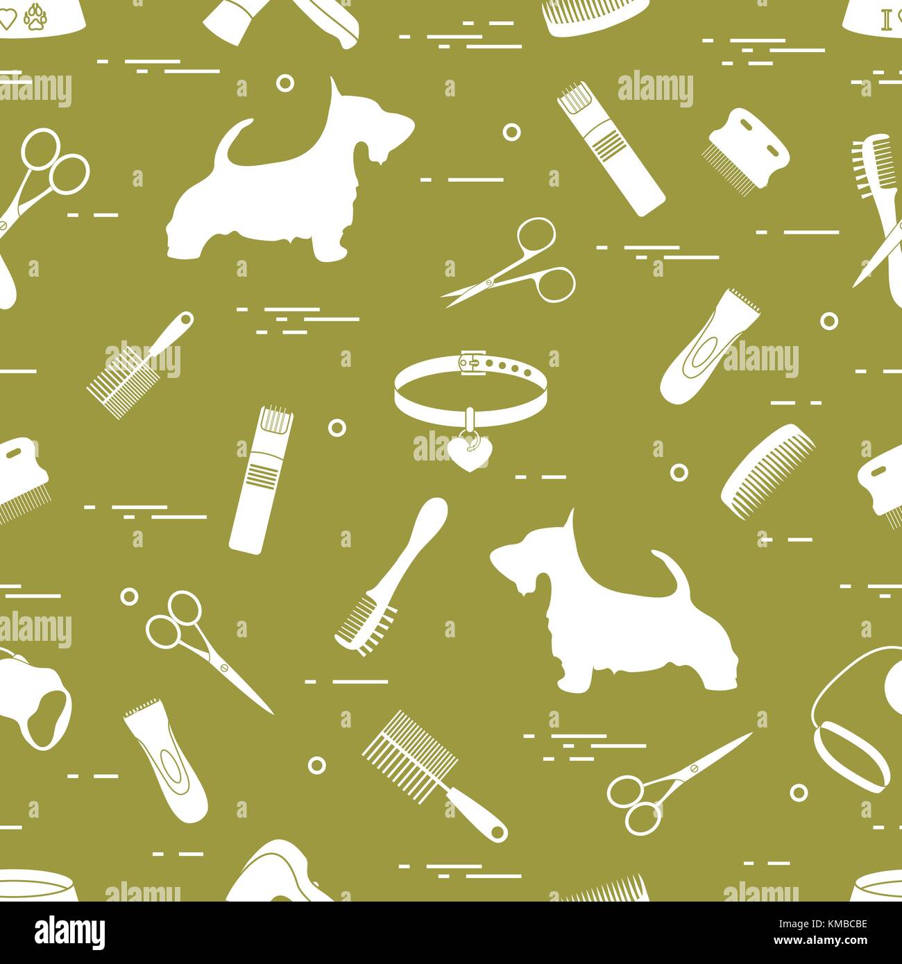 Modello con il cane, pettini, collare, guinzaglio, rasoio, asciugacapelli, ciotola, forbici. health care, toelettatura, prendersi cura di un cane, mostra. Illustrazione Vettoriale