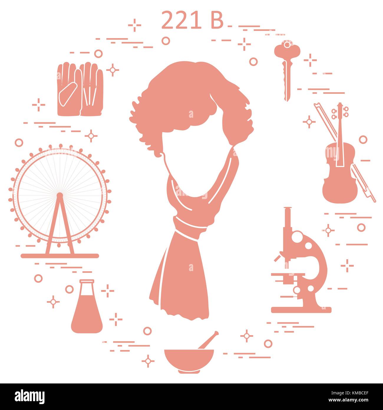 Detective privato Sherlock Holmes con una varietà di strumenti e attrezzature. l'eroe della popolare serie tv. design per un annuncio stampa. Illustrazione Vettoriale
