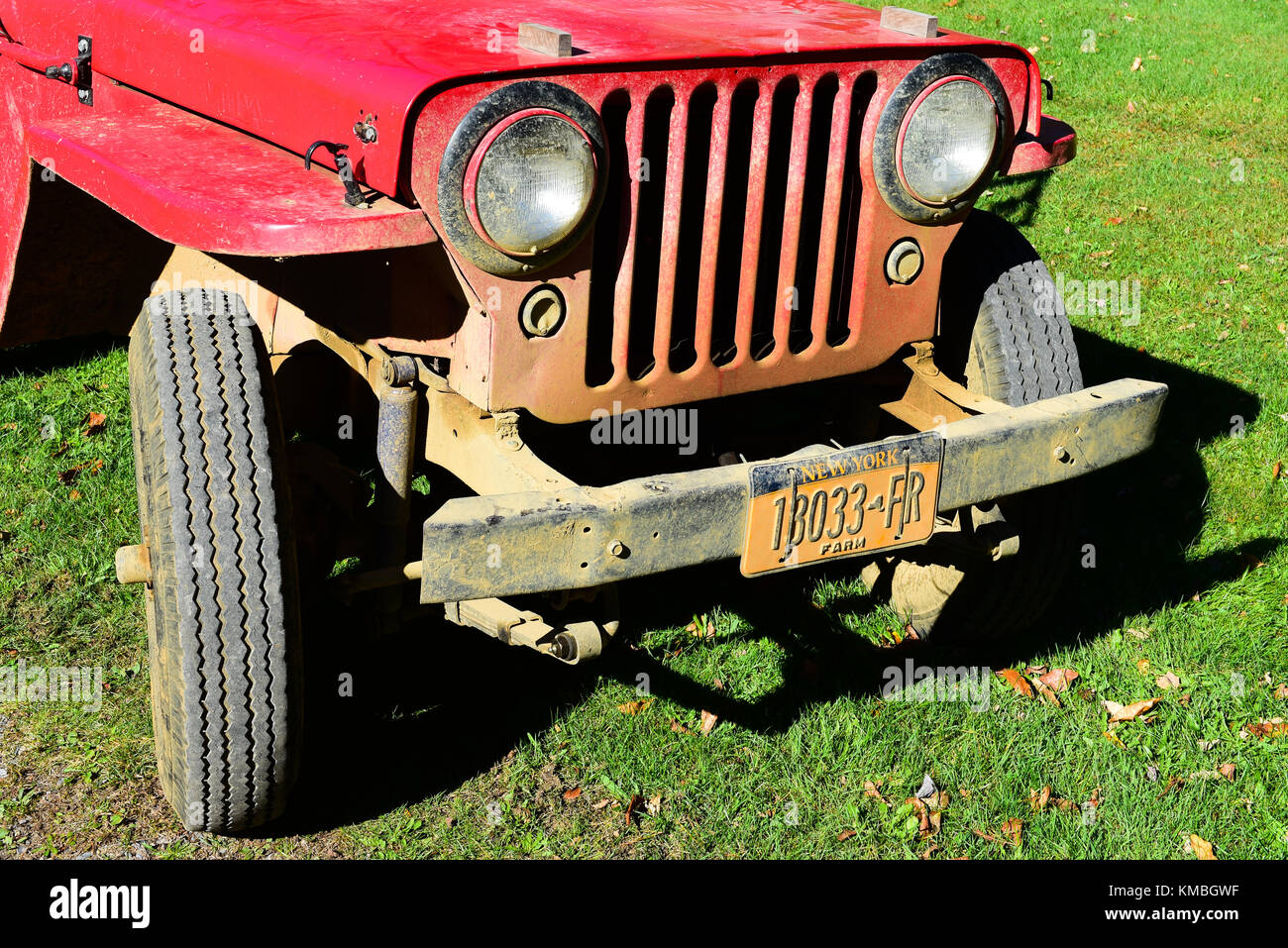 Dettagli della estremità anteriore di una sporca fangoso Willys CJ-2una Jeep parcheggiata nell'erba. Foto Stock