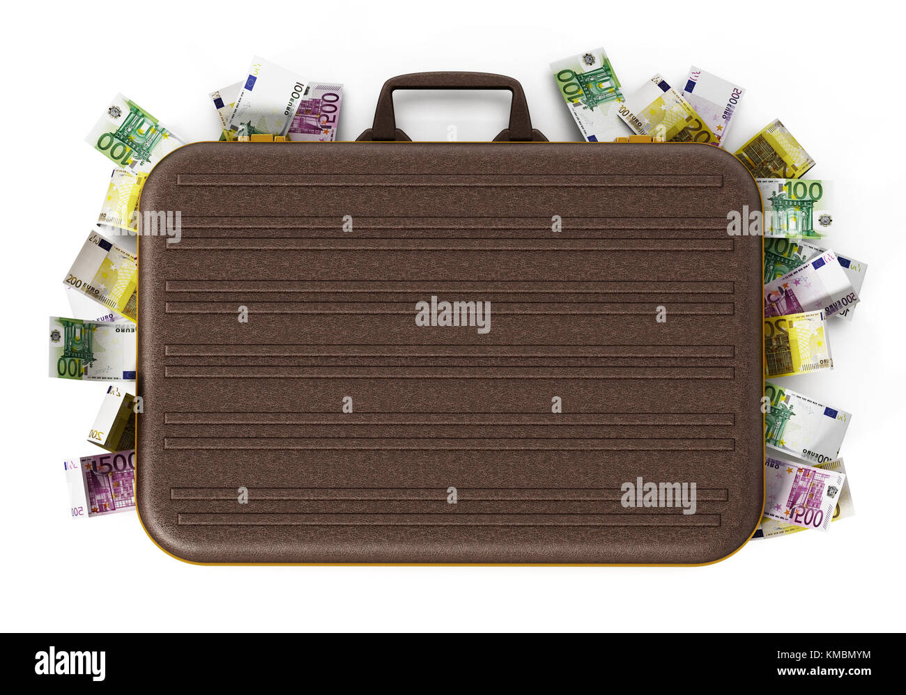 Pali in euro all'interno della valigetta isolati su sfondo bianco. 3d'illustrazione. Foto Stock