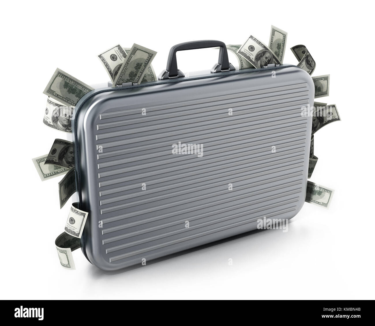 Dollar pile all'interno della valigetta isolati su sfondo bianco. 3d'illustrazione. Foto Stock