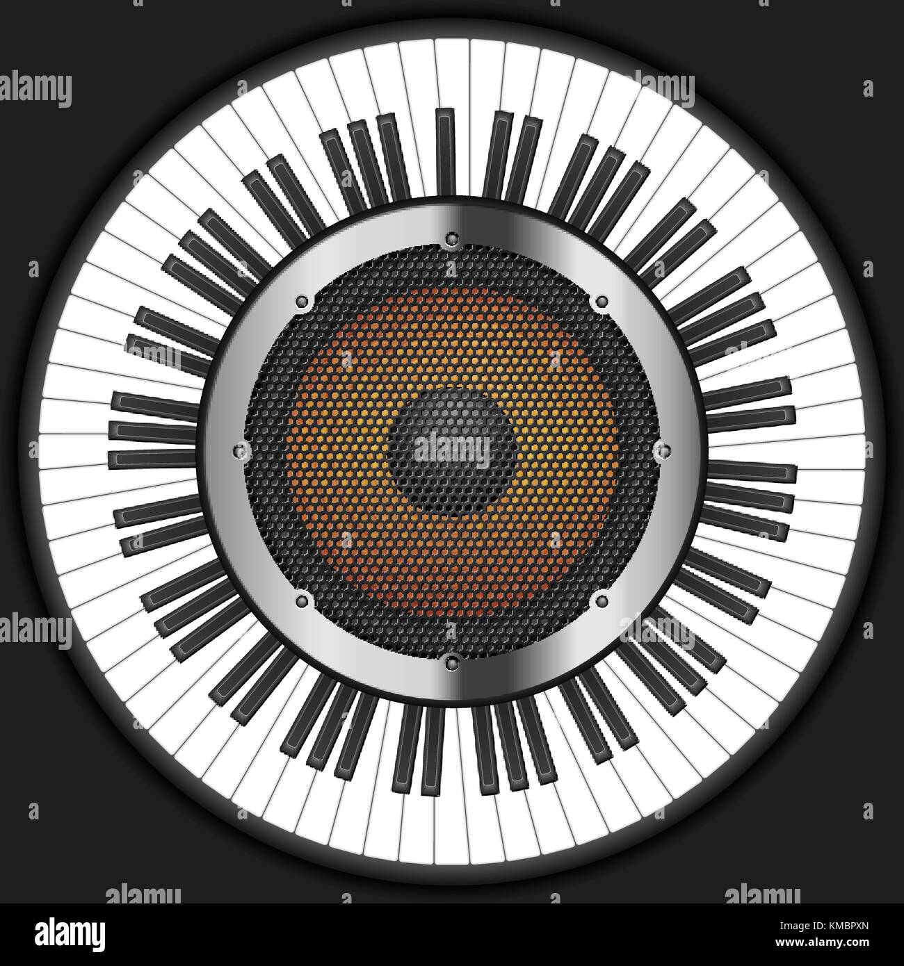 Cerchio tastiera di pianoforte con altoparlante su uno sfondo nero. Illustrazione Vettoriale