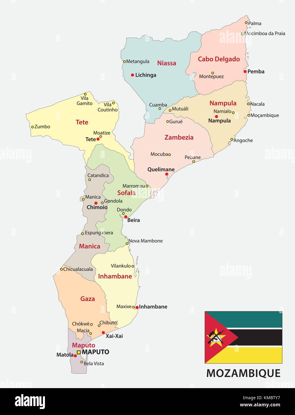 Mozambico politica e amministrativa di mappa vettoriale con bandiera Illustrazione Vettoriale