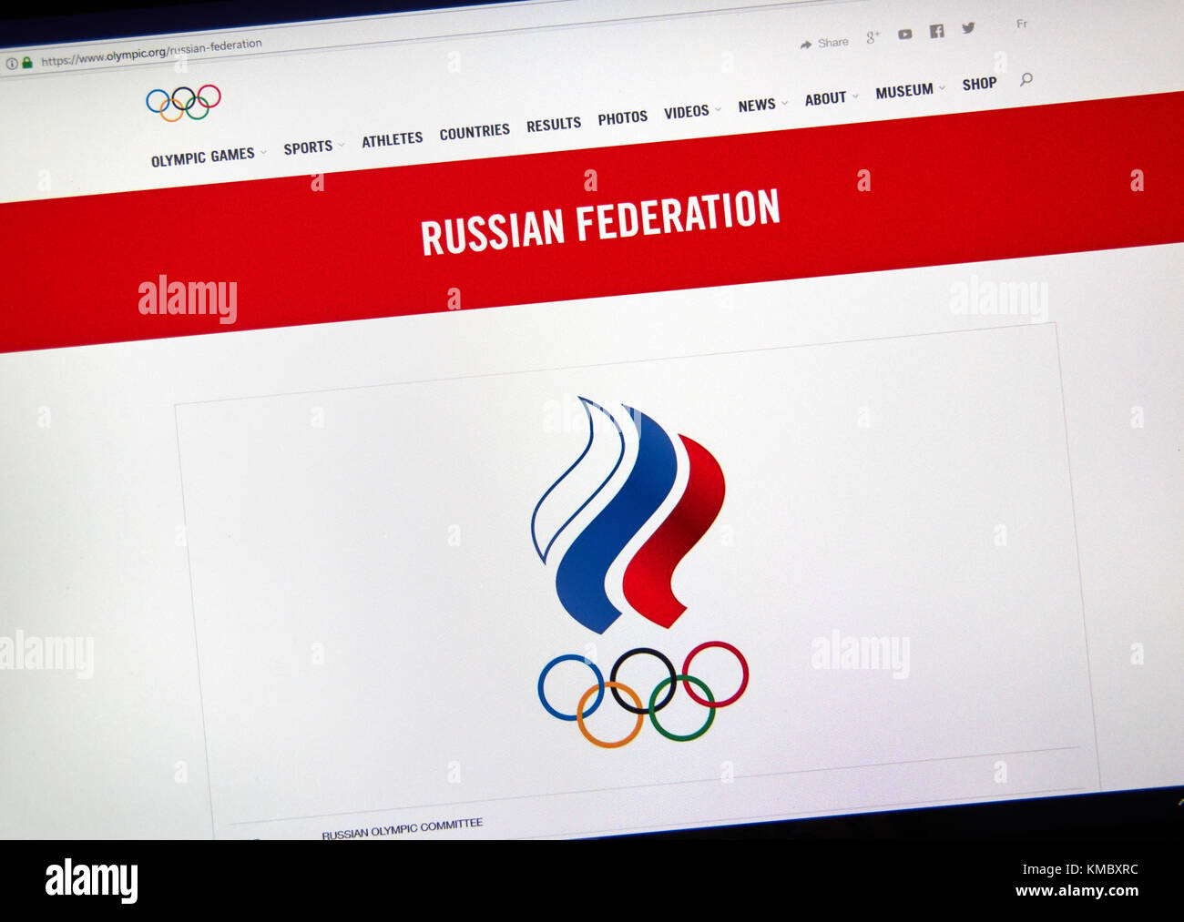 MONTREAL, Canada - 5 dicembre 2017: Comitato olimpico internazionale ufficiale pagina web con il logo nazionale russa del Comitato Olimpico. Foto Stock