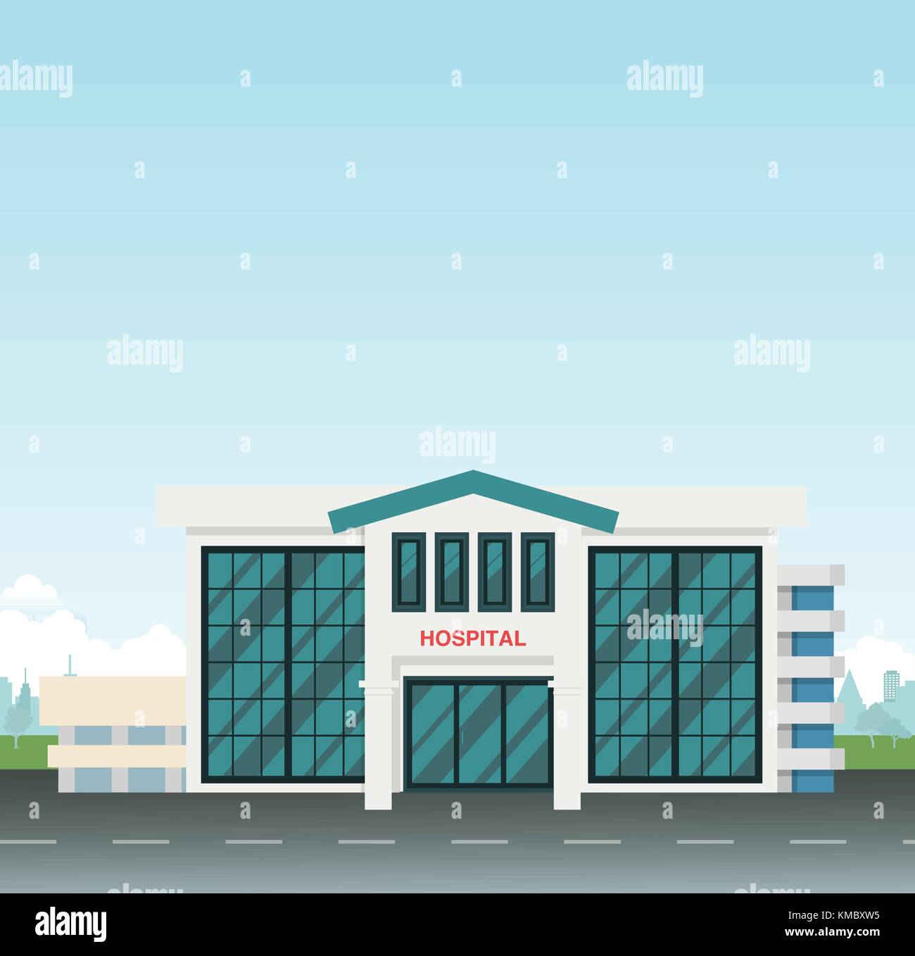 Ospedale moderno sulla strada principale in città con sfondo cielo illustrazione vettoriale.ospedale di scena in città. Illustrazione Vettoriale