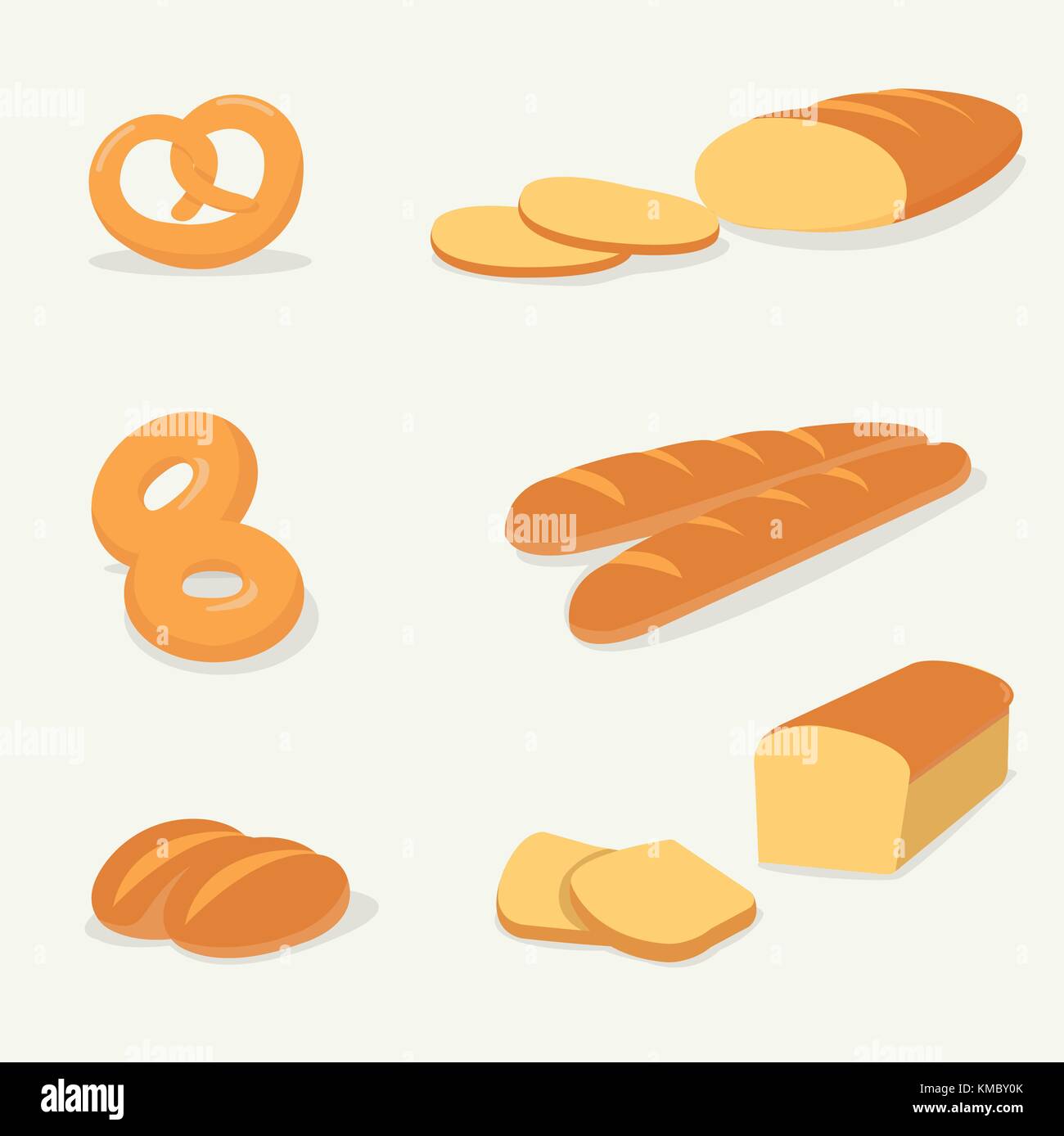Pane piatto impostato vettore isolato con sfondo.pane francese,pane bianco,ciambella illustrazione vettoriale. Illustrazione Vettoriale
