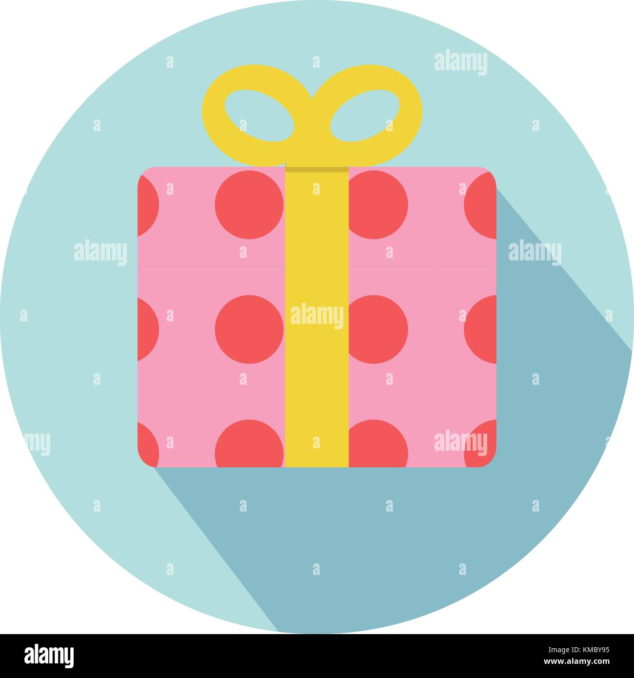 Rosa scatole regalo con il cerchio rosso modello e nastro giallo sul cerchio blu con lunga ombra illustrazione vettoriale.Flat confezione regalo decorazione design. Illustrazione Vettoriale