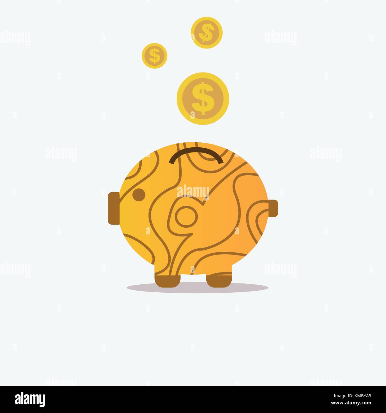 Banca di maiale e texture di legno con icona coin.Salvataggio di concetto di denaro.illustrazione vettoriale. Illustrazione Vettoriale