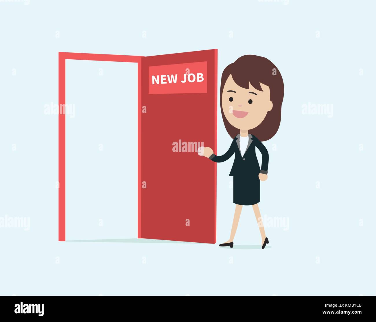 Imprenditrice a piedi e aprire la porta rossa con il nuovo lavoro testo illustrazione vettoriale.Business girl cartoon character design felice di nuovo lavoro Illustrazione Vettoriale