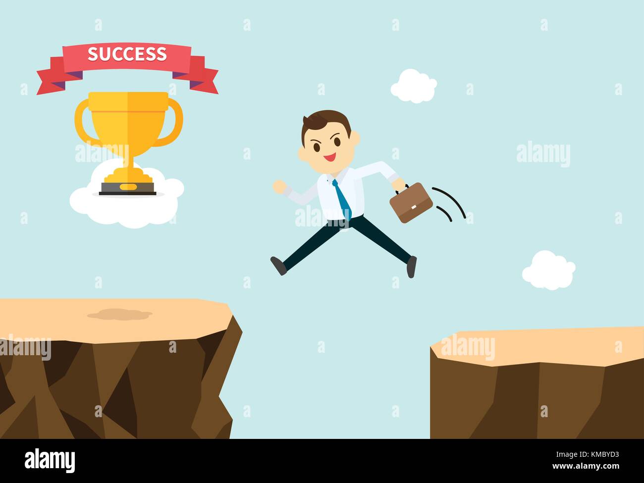 Business man jump e attraversare le montagne per ottenere il trofeo e di successo su cloud illustrazione vettoriale.Business man cartoon design cross per successione. Illustrazione Vettoriale