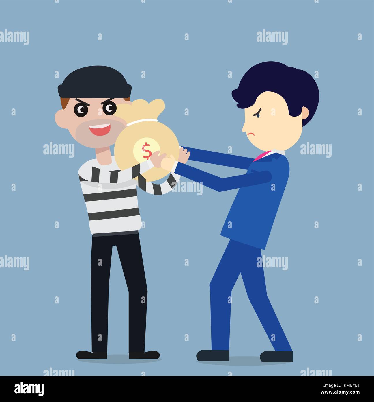 Ladro rubare soldi da imprenditore cartoon piatto design.rubare concetto di denaro.illustrazione vettoriale Illustrazione Vettoriale