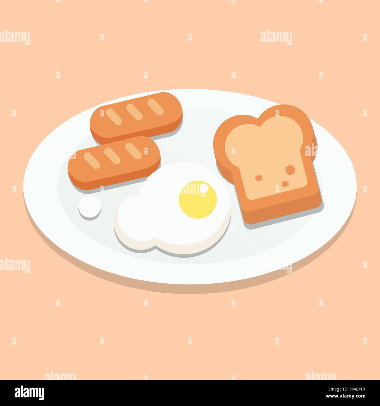 La prima colazione con uova, pane e salsicce sulla piastra marrone con vettore di fondo Illustrazione Vettoriale