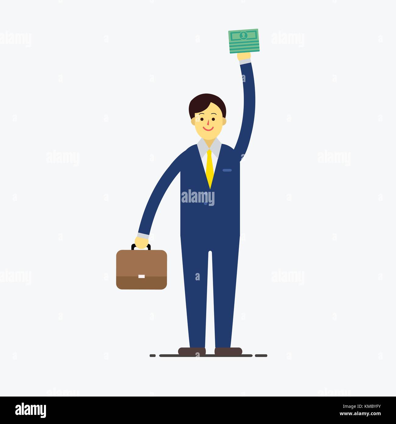Imprenditore piatto stile carattere suite usura sorridente tenere denaro e borsa per il suo successo, felice nella illustrazione di business Illustrazione Vettoriale