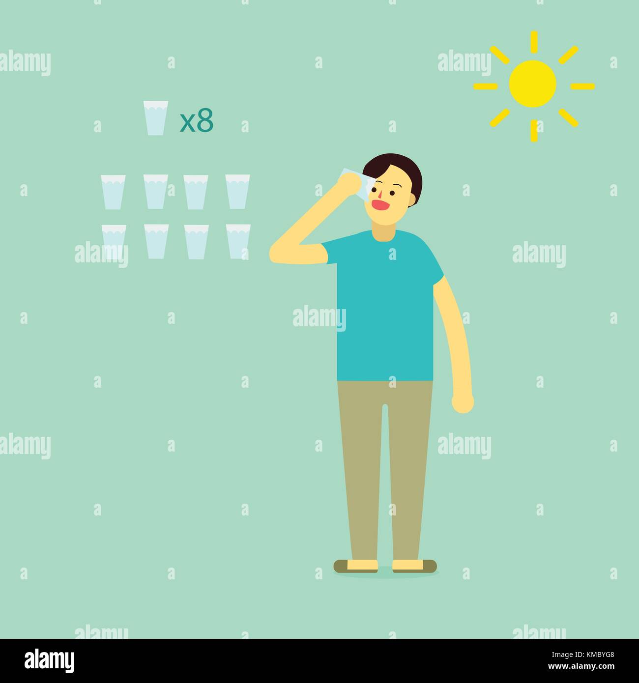 Giovane uomo indossare abiti privato water.info bere 8 bicchiere di acqua di un giorno per heathy con sun icone.flat cartoon design per una infografica e testo. Illustrazione Vettoriale