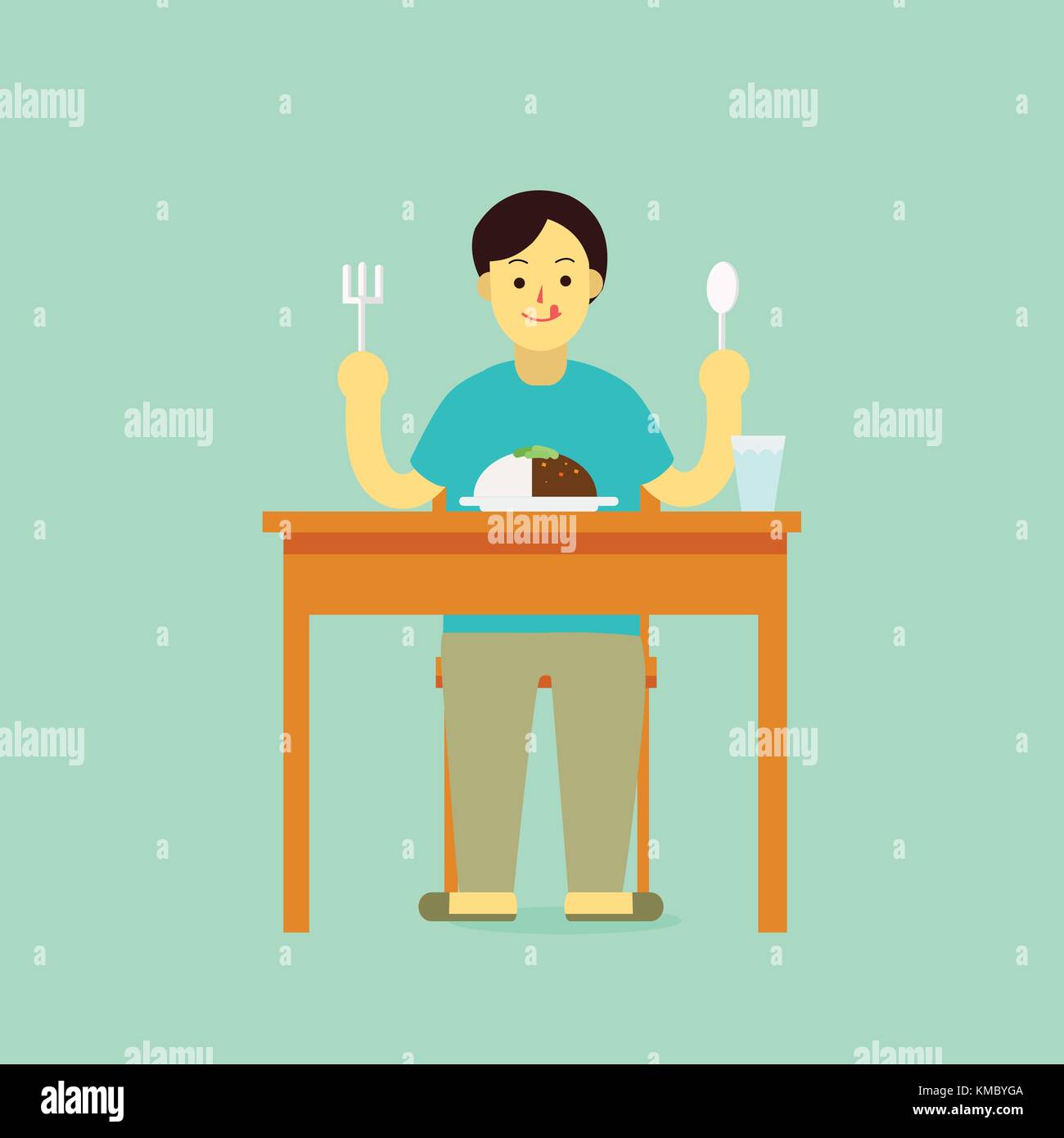 Giovane uomo indossare abiti privato preparare da mangiare la prima colazione, curry,pranzo,la cena con un bicchiere di acqua sul tavolo.flat cartoon design per infografico heathy e. Illustrazione Vettoriale