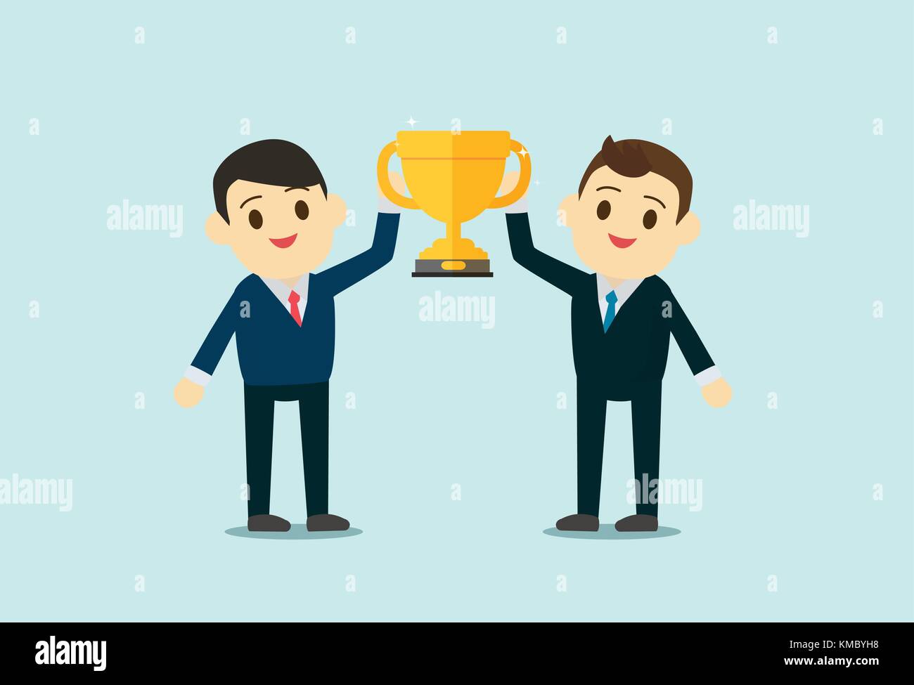 Gli uomini d' affari usura suite visualizza fino trophy cup. Il lavoro di gruppo e di business reward concetto. design piatto. illustrazione vettoriale. Illustrazione Vettoriale