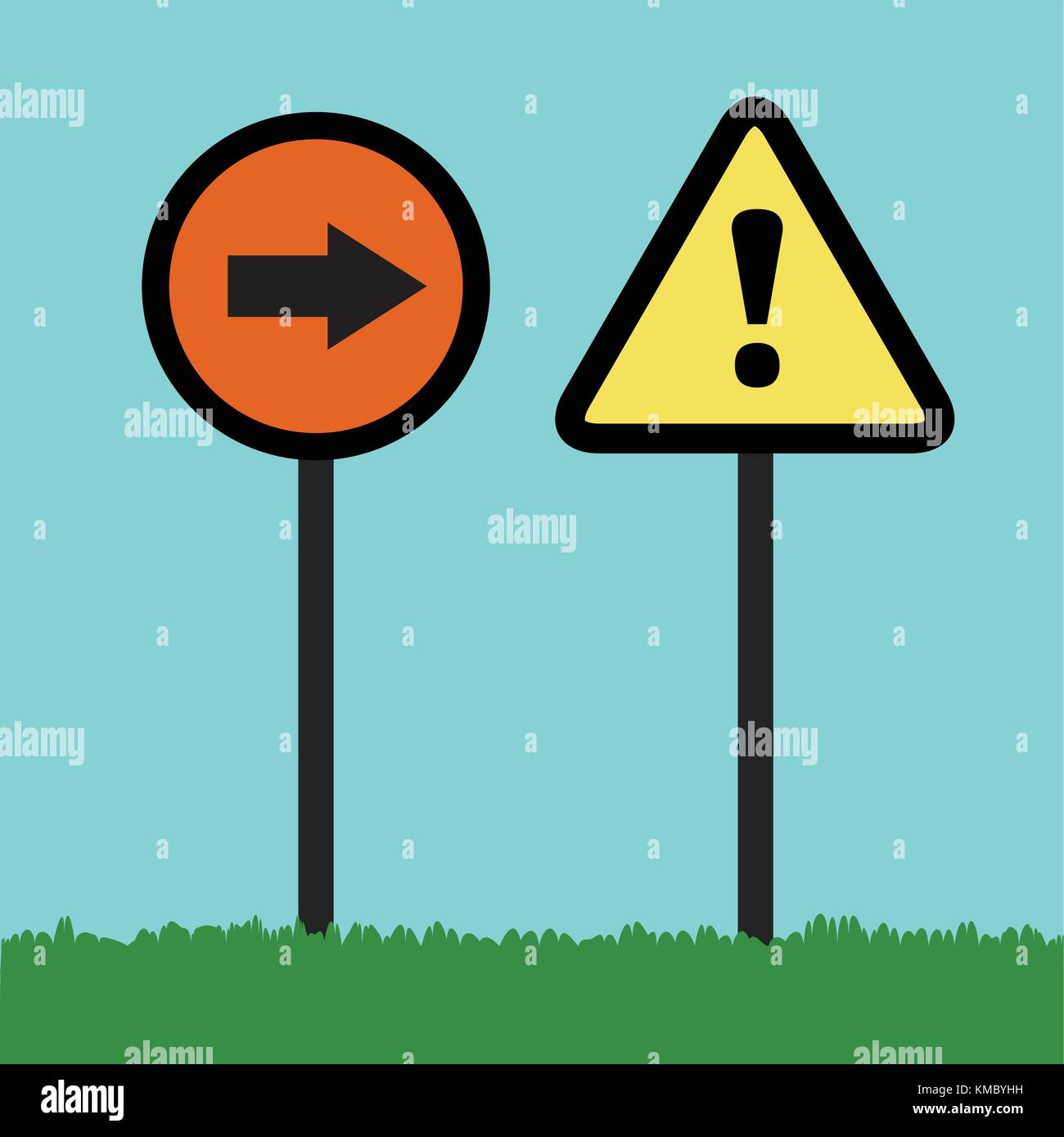 Traffico flat segnali di avvertimento su erba e sfondo cielo Illustrazione Vettoriale